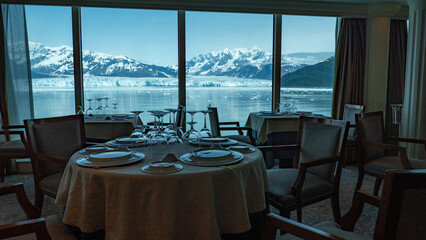 Mountain glacier empty restaurant in natural park. Hubbard Glacier restaurant.
