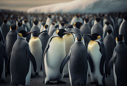 Group Of Emperor Penguins Colony - Digital Painting - Generative AI