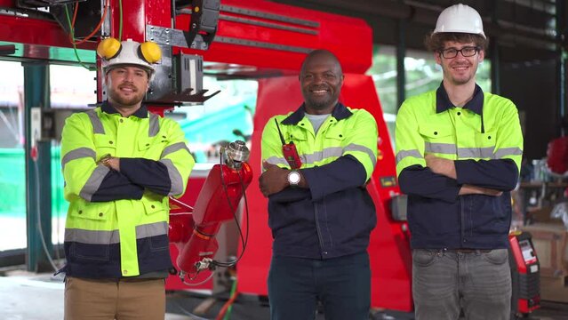 Portrait of team of mechanical engineer looking at the camera and showing thumb up or crossing arms.