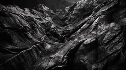 Black and white background. Volumetric black stone background. 3d effect. Rock texture. Granite mountain texture. Close-up