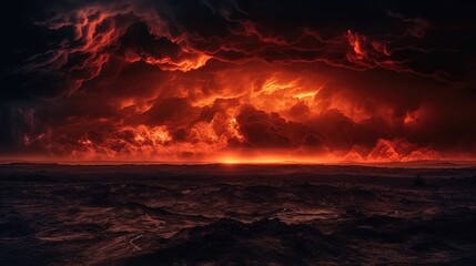 Bright red sunset. Dramatic evening sky with clouds. Fiery skies with space for design. Magic fantasy sky. War, battle, terror, world apocalypse, horror concept.
