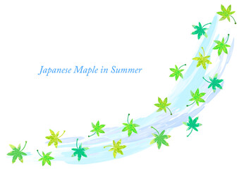 夏の青もみじと水のイメージの水彩ラインフレーム