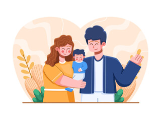 A vector illustration of a joyful family, with a wife holding her baby in her arms while her husband embraces them both. Perfect for web, banner, card, infographic, etc.