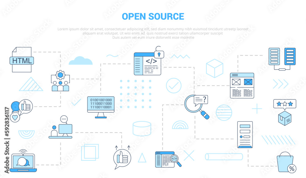 Wall mural open source concept with icon set template banner with modern blue color style