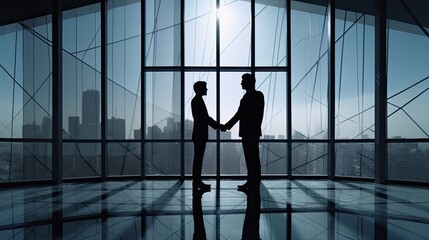 silhouettes two businessmen handshake in cooperation agreement concept at office and successful business partner. business man shaking hands to seal a deal with his partner. Generative Ai.