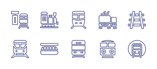 Railway line icon set. Editable stroke. Vector illustration. Containing train platform, locomotive, train, public transport, tracks, high speed train, monorail, subway.