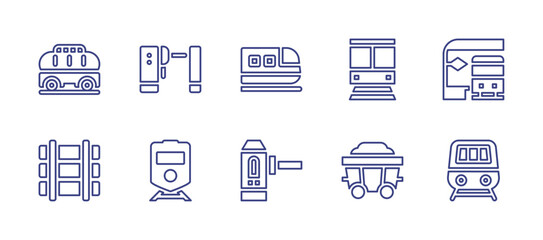 Railway line icon set. Editable stroke. Vector illustration. Containing tank, turnstile, train, subway, railroad, carriage.
