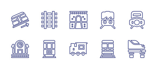 Railway line icon set. Editable stroke. Vector illustration. Containing funicular, tracks, tunnel, subway, locomotive, railroad, metro, train, high speed train.