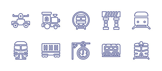 Railway line icon set. Editable stroke. Vector illustration. Containing draisine, locomotive, metro, buffer, train, monorail, carriage, clock, wagon.