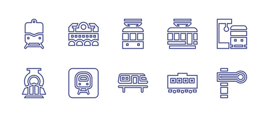 Railway line icon set. Editable stroke. Vector illustration. Containing train, train station, tramway, metro, semaphore.