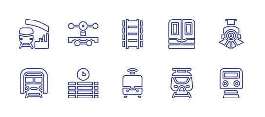 Railway line icon set. Editable stroke. Vector illustration. Containing railway station, draisine, railway, port, locomotive, train, schedule, subway.