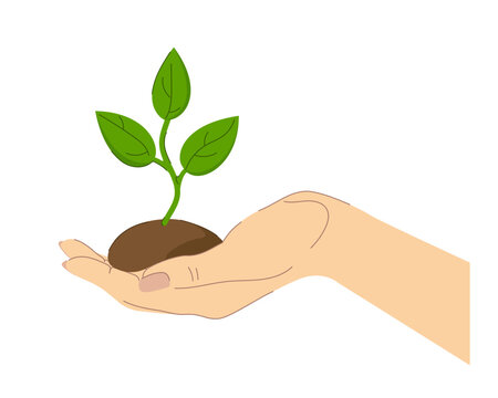 Man's hand with the sprout of the plant and the earth. Flat style.