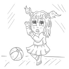 Fototapeta premium A funny little man Chibi in a skirt is standing next to the ball contour vector illustration in the style of a doodle
