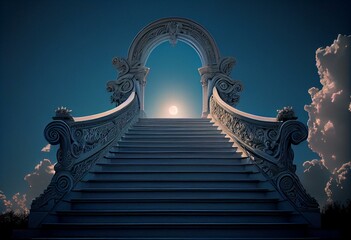 Stairway Leading Up To Heavenly Blue Sky Toward The Magic Light. Generative AI