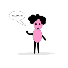Curly girl say hello with pink color isolated white 