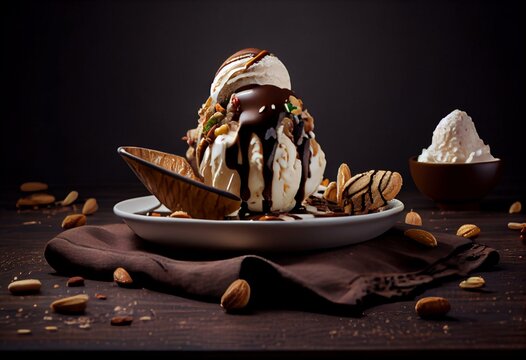 an ice cream sundae with chocolate sauce and nuts on a white plate on a wooden table with a dark background and a few more sundaes scattered around it.  generative ai