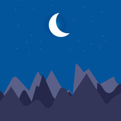 Hand draw mountain moon star with evening silhouette landscape background 