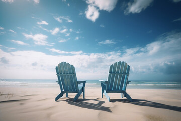 Wooden lounge chairs on the beach by the ocean, blue sky. Generated by AI