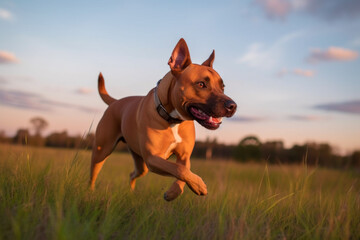 Golden brown pitbull running in grass. Generative AI