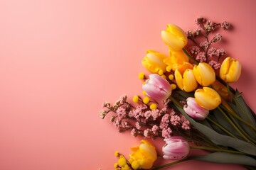 Beautiful bouquet of tulips and mimosa. Generative ai .