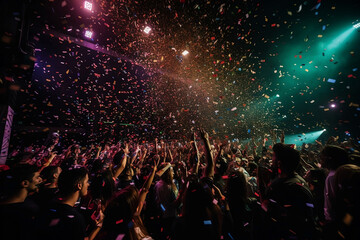 Obraz na płótnie Canvas The crowd at the concert with colorful confetti. Generative AI.