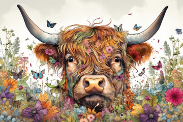 Portrait of a bull in the background of the flowers. Generative AI. 
