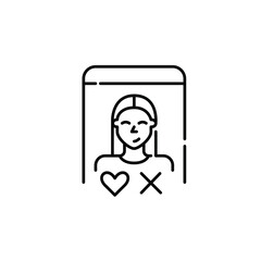 Dating app user. Smiling girl. Possible match with heart and cross as yes or no symbols. Pixel perfect, editable stroke