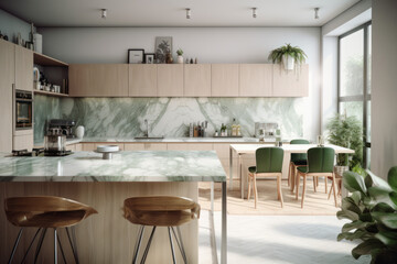 Minimalist kitchen interior with a sleek black countertop and wooden island, modern design for contemporary homes, AI Generative.