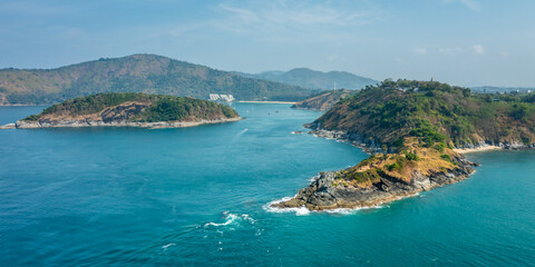 Fototapeta premium Beautiful landscape of sea and cape . Aerial panorama of the southernmost tip of the island of Phuket - Promthep Cape, Phuket, Thailand