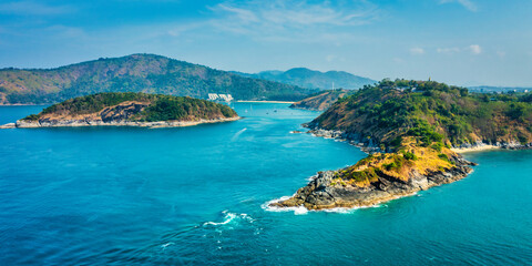 Beautiful landscape of sea and cape . Aerial panorama of the southernmost tip of the island of Phuket - Promthep Cape, Phuket, Thailand