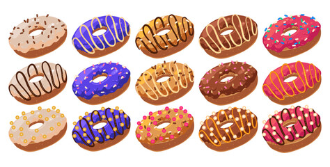 Set of cartoon colorful donuts isolated on white background. Top View Doughnuts collection into glaze for menu design, cafe decoration, delivery box. vector illustration in hand drawn style