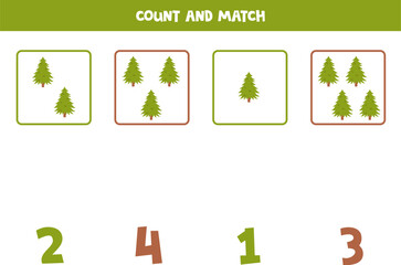 Counting game for kids. Count all green fir trees and match with numbers. Worksheet for children.