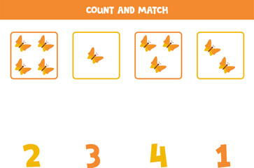 Counting game for kids. Count all butterflies and match with numbers. Worksheet for children.