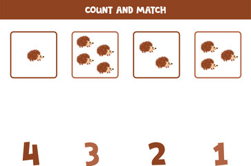 Counting game for kids. Count all cute hedgehogs and match with numbers. Worksheet for children.