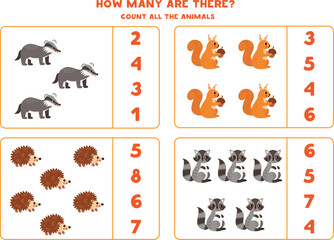Counting game with cute woodland animals. Educational worksheet.