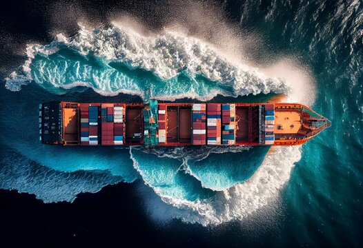 Aerial view of cargo maritime ship in the ocean. Generative AI