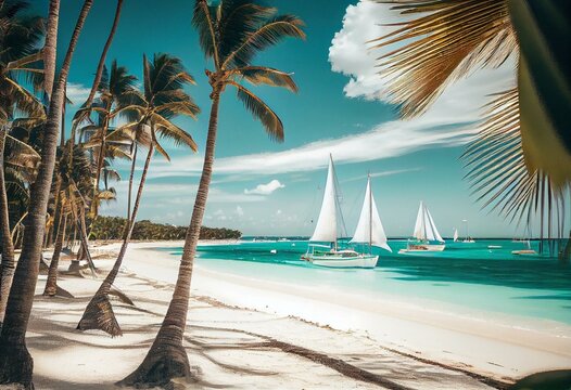 Tropical idyllic caribbean beach with sailboats, Punta Cana, Dominican Republic. Generative AI