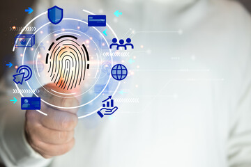 Futuristic digital processing of biometric identification fingerprint scan for access to personal financial data. Surveillance and security scanning of digital programs cyber futuristic application