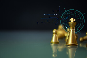 Golden King chess standing in front of other chess with a lock graphic icon. Business marketing...