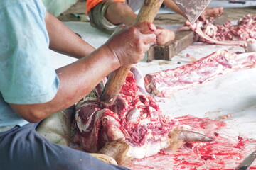 Temanggung, Indonesia - April 3 2023 : The process of managing qurban meat during the Eid al-Adha celebration