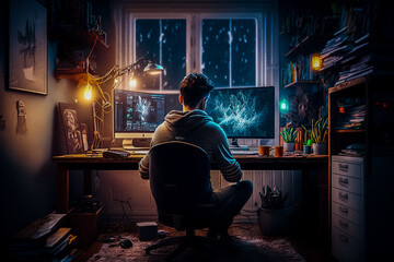 Adolescent jouant aux jeux vidéos dans sa chambre, la nuit - Générative ia - obrazy, fototapety, plakaty