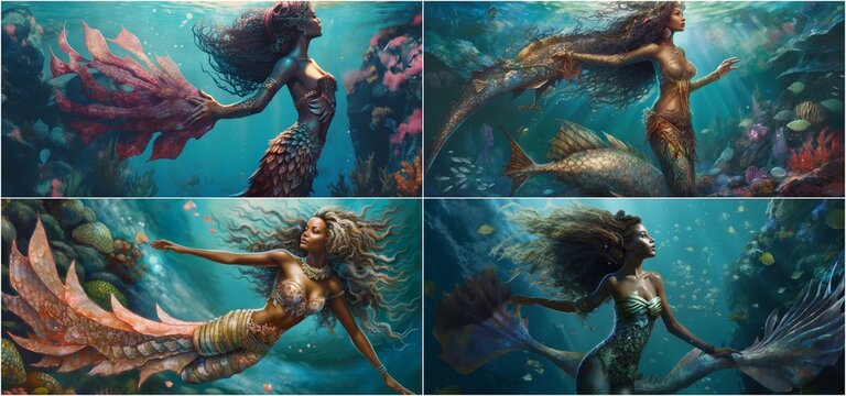 Stunning portrayal of an African American mermaid princess Complete body art of intricate detail and beautiful design Celebrates diversity and totality in fantastical and mythical manifestations