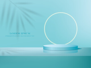 realistic blue cylinder podium and round light line on the glittering modern 3d room,use for cosmetic and presentation background.3d illustration template.