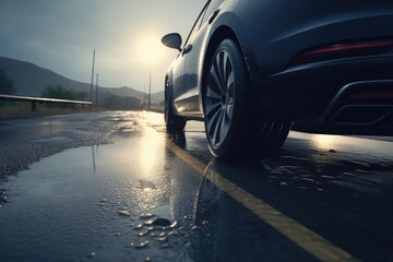 rainwater spraying from car wheels. city road during heavy rain. Generative Ai.