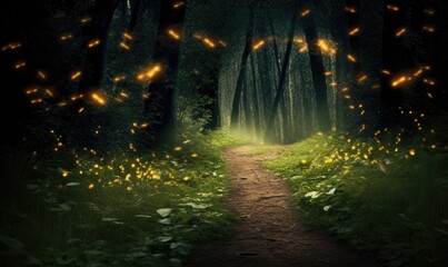 The forest path is alive with the glow of fireflies Creating using generative AI tools