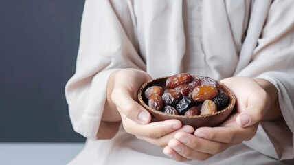 Muslim girl holding bowl of dates. Traditional distribution of food, charity of Muslims Islam, Ramadan Kareem Mubarak Eid-al-adha