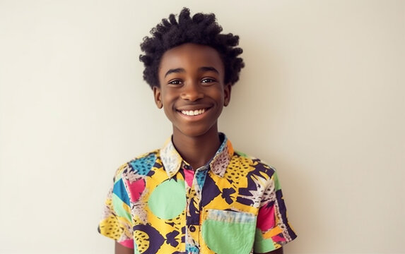 Black dark-skinned african american teenage boy in colorful bright clothes smiling portrait. Generative AI