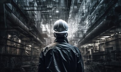 Fototapeta na wymiar Construction concept. at back of the construction worker head which is wearing the safety helmet and checking work at the construction site. Non-existent person. Generative Ai