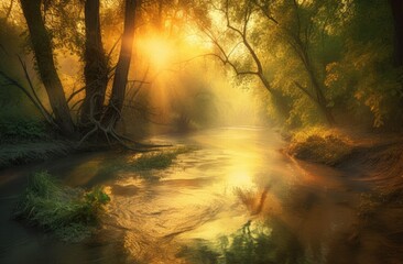 Mist in the air during a early morning. Great nature next to one pond or small lake outside. Nice climate and weather. Generative Ai.