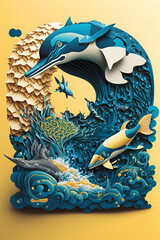 Obraz na płótnie Canvas 3D rendering of a blue dolphin on a yellow background